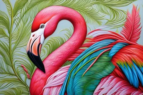 Flamingo with hummingbird feather detail,flamingo couple,cuba flamingos,two flamingo,tropical birds,flamingos,colorful birds,greater flamingo,flamingo,bird painting,flamingo pattern,tropical bird,rose