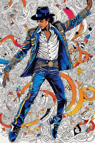 the king of pop,matador,smooth criminal,cd cover,moon walk,michael jackson,michael joseph jackson,magician,elvis impersonator,prince,charreada,bandana background,elvis,high-wire artist,bluejeans,cover,jeans pattern,rivers,noodle image,olodum,Illustration,Black and White,Black and White 05