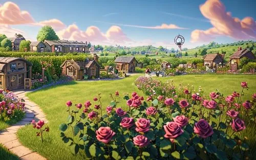 one village steampunk, windwills, rose bushes,clove garden,clover meadow,knight village,fairy village,hobbiton,cottage garden,dandelion hall,aurora village,vinpearl land,flower garden,alice in wonderl