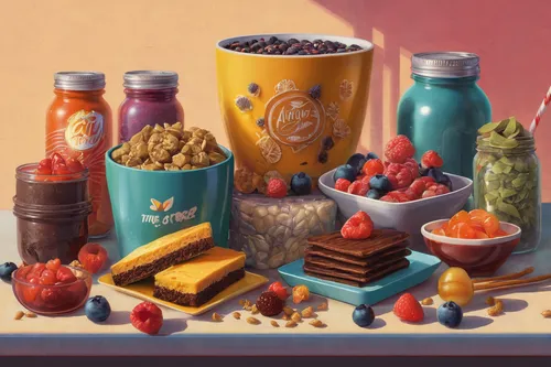 food collage,still-life,cooking book cover,summer still-life,food table,breakfast table,foods,still life,still life with jam and pancakes,cereals,fruit jams,field of cereals,fruit preserve,fruit mix,breakfast plate,canned food,colored spices,snacks,food icons,culinary art,Illustration,Realistic Fantasy,Realistic Fantasy 44