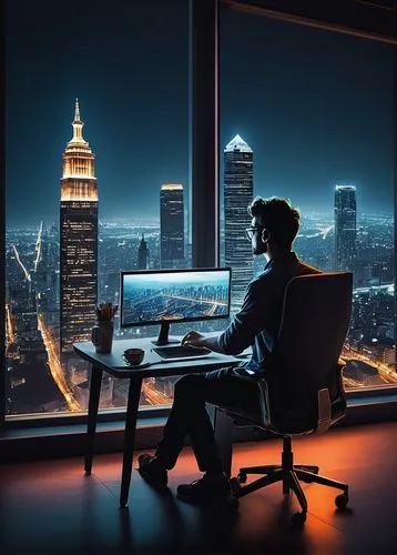 night administrator,man with a computer,cybertrader,modern office,blur office background,computer business,inntrepreneur,entreprise,telecommute,telecommuter,world digital painting,ceo,computerologist,computer monitor,black businessman,man silhouette,computer graphic,entrepreneur,web developer,telecommuting,Art,Classical Oil Painting,Classical Oil Painting 35