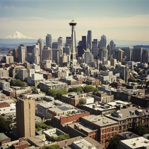 seattle,space needle,rainier,tilt shift,mount rainier,tall buildings,washington,portland,cable programming in the northwest part,queen anne,fax the northwest part,skyline,mt rainier,washington state,big city,tantalus,city scape,willamette,urban landscape,mount hood,Illustration,Retro,Retro 06