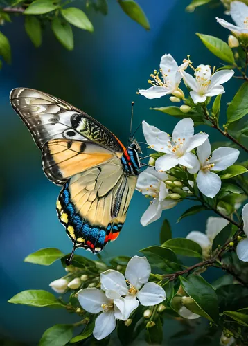 Butterfly and jasmine flowers,  blue mountains ,ulysses butterfly,butterfly background,blue butterfly background,french butterfly,butterfly isolated,butterfly floral,butterfly on a flower,swallowtail 