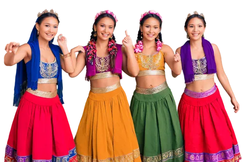 Peruvian girls, traditional clothing, vibrant colors, braided hair, bright smiles, warm skin tone, festive atmosphere, lively dance poses, flowing skirts, colorful shawls, gold accessories, natural ma