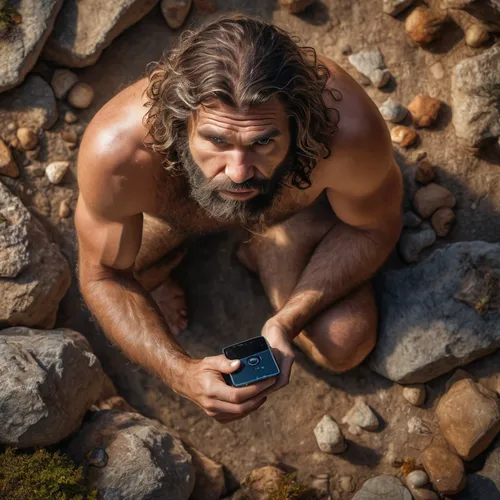 caveman with a cell phone,cave man,caveman,neanderthal,stone age,neanderthals,paleolithic,neolithic,neo-stone age,barbarian,stone tool,prehistory,cave girl,hercules,greco-roman wrestling,ancient peopl