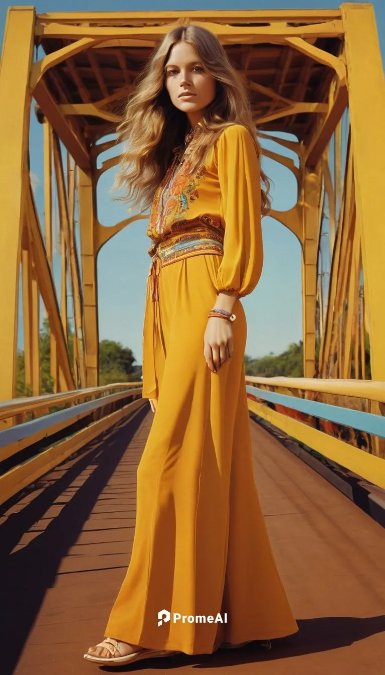 hippie style 1970, Fashion shot of beautiful woman, abstract, yellow, orange, 70s fashion, hippie style, long wavy light brown hair, portrait, hazel eyes, bright colors, bridge background, highly deta