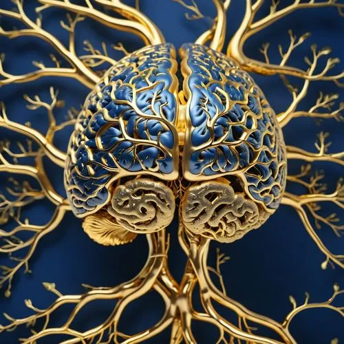 Create an image of a golden brain with delicate, thin roots extending from it. The roots should also be golden and intricate, giving a sense of connection and complexity. The background should be a de