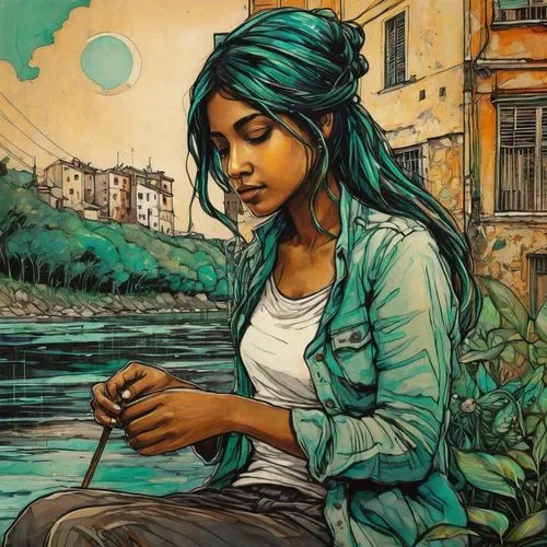 street artist,woman holding a smartphone,woman playing,girl on the river,chalk drawing,maria bayo,girl with bread-and-butter,la violetta,david bates,girl sitting,radha,havana,girl praying,agua de valencia,street artists,vietnamese woman,girl drawing,street art,streetart,woman thinking,Illustration,Realistic Fantasy,Realistic Fantasy 23