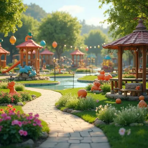 fairy village,3d render,flower garden,3d rendered,nature garden,flower booth,fairy world,render,sylvania,cottage garden,mushroom landscape,springtime background,flowerbeds,fairyland,landscape background,flower bed,3d fantasy,nursery,children's background,fairy forest,Photography,General,Realistic