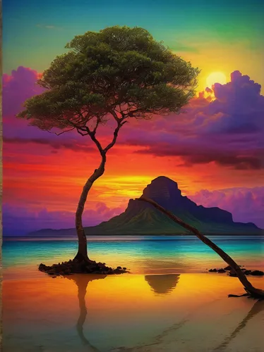 colorful tree of life,lone tree,isolated tree,an island far away landscape,landscape background,tropical tree,beach landscape,coastal landscape,painted tree,sea landscape,oil painting on canvas,landscape with sea,colorful background,art painting,islet,watercolor tree,purple landscape,island suspended,tropical sea,nature landscape,Illustration,Realistic Fantasy,Realistic Fantasy 35