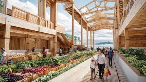 With Mass Timber construction and a farmers market bustling atmosphere with fruits everywhere and mountain views beyond the ocean,eco-construction,permaculture,hahnenfu greenhouse,vegetable market,org