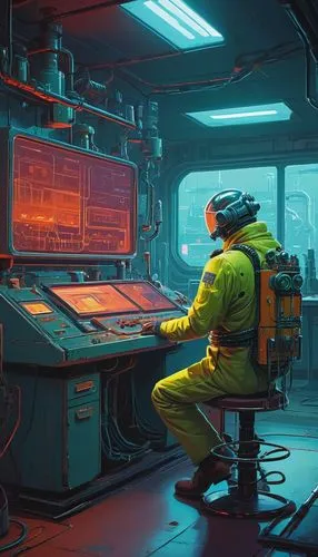 barotrauma,sci fiction illustration,aquanaut,taikonauts,spaceship interior,cyberpatrol,engineer,crewman,game illustration,nostromo,computer room,synth,operating,arktika,research station,cybersurfers,sector,cyberpunk,neon human resources,sci - fi,Conceptual Art,Sci-Fi,Sci-Fi 08