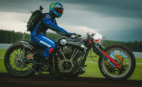 person in blue uniform riding motorcycle on track under stormy sky,blue motorcycle,harley-davidson wlc,electric motorcycle,sportster,bobber,motocyclisme,Photography,Documentary Photography,Documentary