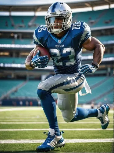 American football player, NFL athlete, muscular male, dynamic pose, wearing a shiny helmet with metallic reflection, silver face mask, black chin strap, white and blue team colors, logo on the side, s