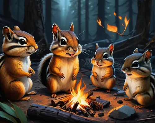 Imagine a chipmunk basking in the soft glow of a campfire, surrounded by a group of curious children.,squirrels,chinese tree chipmunks,woodland animals,squirell,ground squirrels,rodentia icons,campfir