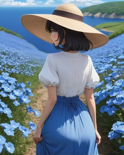 blooming field,gentiana,field of flowers,windflower,country dress,sea of flowers,flower field,blue flax,flowers field,summer flower,flowers of the field,parasol,blue daisies,jane austen,field of poppies,seerose,violet evergarden,blue petals,blue rose,marguerite,Conceptual Art,Fantasy,Fantasy 02