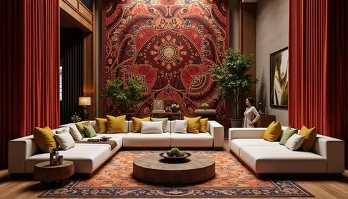 Vibrant textile patterns, intricate geometric motifs, luxurious fabrics, ornate furnishings, opulent drapery, lavish upholstery, richly colored rugs, plush carpets, velvety smooth surfaces, metallic a