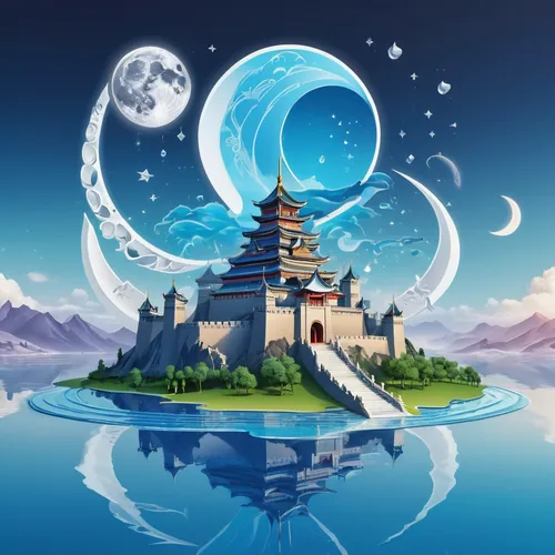 fantasy landscape,fantasy picture,fantasy world,3d fantasy,waterglobe,chinese background,mid-autumn festival,water castle,landscape background,water lotus,world digital painting,horoscope libra,floating island,moon and star background,fantasy art,mobile video game vector background,background vector,floating islands,dream world,fantasy city,Unique,Design,Infographics