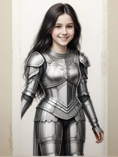 Delicate pencil drawing of a pretty Central European girl with long dark hair that’s walking in a highly polished knight's armor. Her smile has that certain something and she is constantly on the move