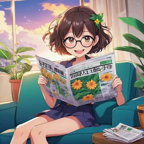 reading the newspaper,newspaper reading,relaxing reading,euphonium,reading glasses,reading,girl studying,with glasses,holding flowers,bookworm,read a book,newspapers,honmei choco,book glasses,people reading newspaper,blonde sits and reads the newspaper,readers,himuto,kotobukiya,japanese floral background,Illustration,Japanese style,Japanese Style 03