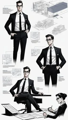 Modern architectural design studio, large desk with Autocad software open on multiple screens, sleek black ergonomic chair, designer wearing glasses, white shirt, black tie, formal trousers, holding a