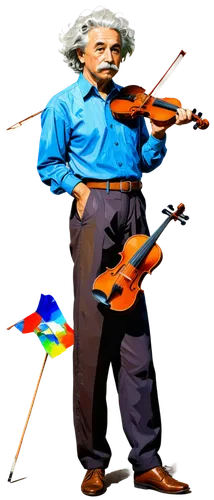 Einstein, free style, wild hair, bushy eyebrows, mustache, wise eyes, wrinkled face, casual wear, loose fit shirt, high waist pants, leather shoes, holding violin, playing music, relaxed posture, natu