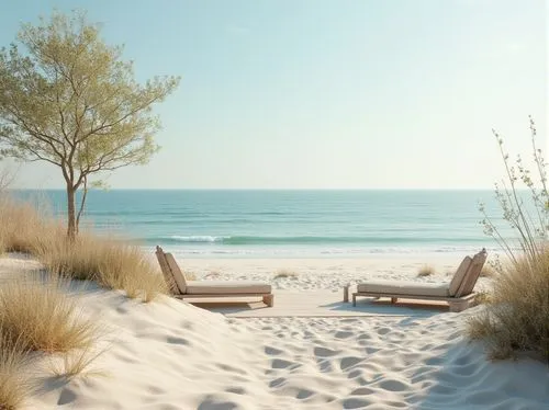 Coastal minimalism, serene beachside scenery, gentle ocean breeze, soft sandy dunes, sparse succulents, driftwood branches, weathered stones, simple wooden deck, minimalist outdoor furniture, natural 