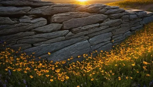 stone fence,stone wall,stone wall road,alpine sunset,old wall,stone background,blooming field,samsung wallpaper,wildflowers,background with stones,daffodil field,flower in sunset,stonewalls,spring background,flower field,wildflower meadow,mountain stone edge,springtime background,blanket of flowers,cry stone walls,Illustration,Abstract Fantasy,Abstract Fantasy 19