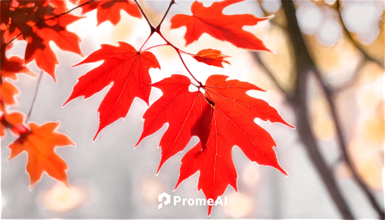 Vibrant red maple leaves, autumn season, delicate leaf veins, curved branch, soft sunlight filtering through leaves, shallow depth of field, warm color tone, cinematic lighting, 3/4 composition, close