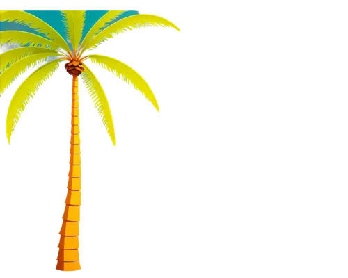 Cartoon palm tree, colorful, vibrant, tropical, single, tall, slender trunk, large leaves, curved shape, bright green, yellow edges, sunny, daytime, clear sky, 3/4 composition, shallow depth of field,