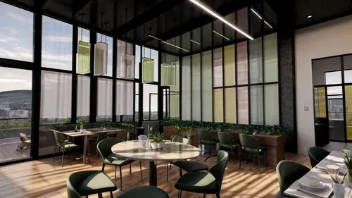 modern natural style.The atmosphere is at sunset.The ceiling is covered with plants.The glass is various colors.green furniture.,3d rendering,breakfast room,modern office,seating area,hoboken condos f