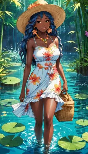 A very pretty American woman, with long, messy hair, wearing a dress with flower designs, a bag and a summer hat.
,the artwork depicts a woman in a water body,moana,hula,oshun,azilah,polynesian girl,f