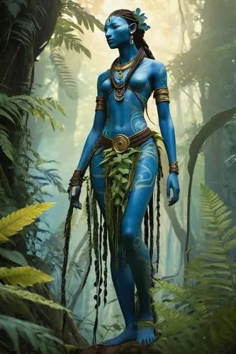 Avatar Na'vi-inspired art, blue-skinned humanoid, slender physique, elongated head, large eyes, intricate braids, tribal markings, earthy tones, natural fabrics, leafy accessories, standing, one leg b