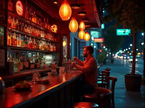 liquor bar,ektachrome,neon coffee,barkeep,barfly,lamplighter,kodachrome,gas lamp,neon drinks,bar counter,hutong,bartender,bar stools,nighthawks,neon cocktails,wine bar,liquors,gaslamp,nightlife,neon light drinks,Photography,General,Realistic