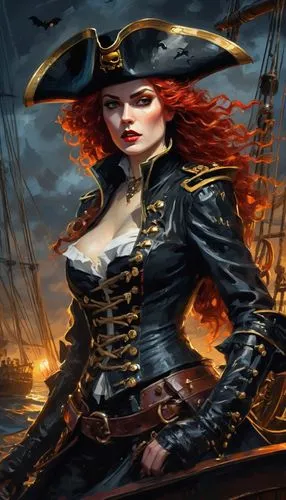 A vampire pirate woman on her ship with wet, curly red hair and golden eyes. The ship is black and ominous, with bats flying around it under the moonlight. She wears a black pirate hat and a war armor