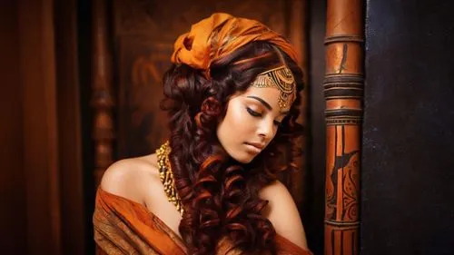 ancient egyptian girl,cleopatra,polynesian girl,headpiece,feather headdress,arabian,headdress,gypsy hair,oriental princess,asian costume,indian headdress,polynesian,tiger lily,javanese,ancient costume,henna dividers,orange robes,maori,athena,oriental girl