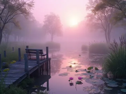 foggy landscape,morning mist,autumn fog,mists,pond,fantasy landscape,garden pond,morning fog,tranquility,mystical,backwater,wetland,lily pond,fantasy picture,monets,forest lake,swamps,myst,mist,wetlands,Photography,General,Realistic