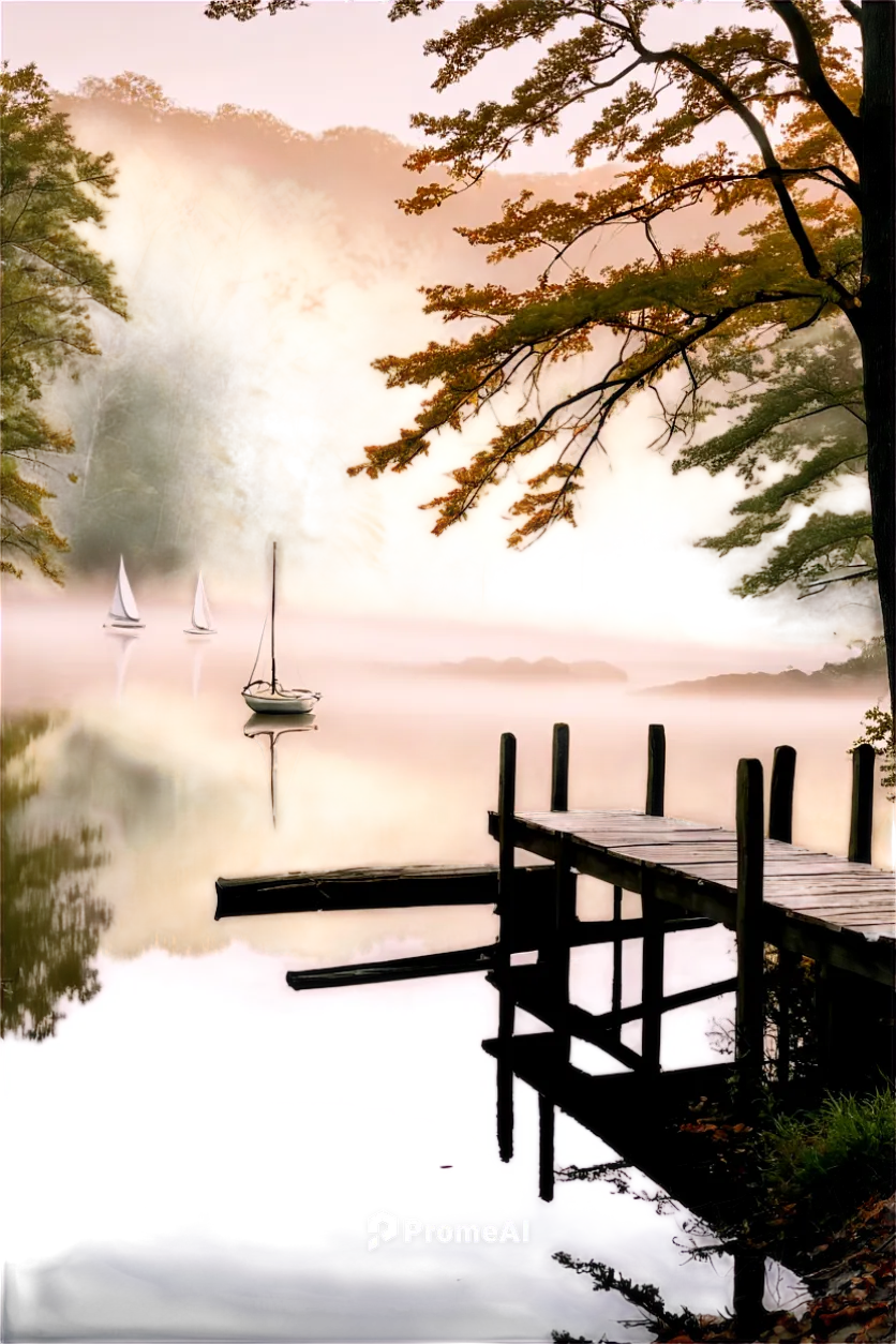 Bucks County, Cades Cove, autumn season, misty morning, serene atmosphere, wooden docks, sailboats, seagulls flying overhead, rustic wooden fences, lush greenery, golden hour lighting, soft focus, cin