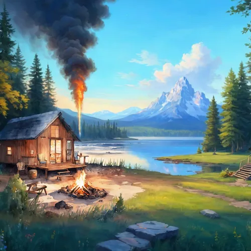 summer cottage,home landscape,landscape background,the cabin in the mountains,log cabin,log home,campfires,campfire,idyllic,fantasy landscape,house in mountains,house with lake,mountain settlement,cottage,house in the mountains,world digital painting,small cabin,log fire,salt meadow landscape,camp fire