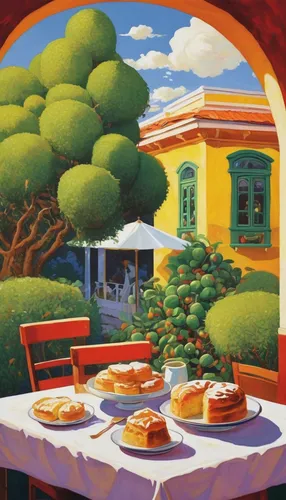 sicilian cuisine,colomba di pasqua,red tablecloth,hacienda,alentejo,bistro,tablecloth,cemita,placemat,bistrot,breakfast table,italian painter,provencal life,outdoor dining,home landscape,tearoom,puerto rican cuisine,tortas de aceite,cream tea,patio,Art,Classical Oil Painting,Classical Oil Painting 27