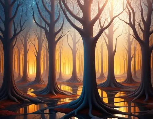 molten forest by dali and escher in quicksilver and ferrofuid splashes, Minimalism in a Negative Artistic Space,an image of a sunlit forest with trees,forest landscape,tree grove,forest background,hal