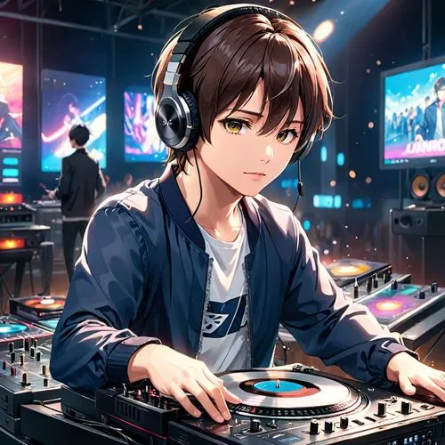 8k, uhd, handsome and stylish male DJ wearing headphones, cool technology, working turntable as DJ, cinematic art photo, authentic masterpiece, best quality, high resolution,,a dj in headphones sittin