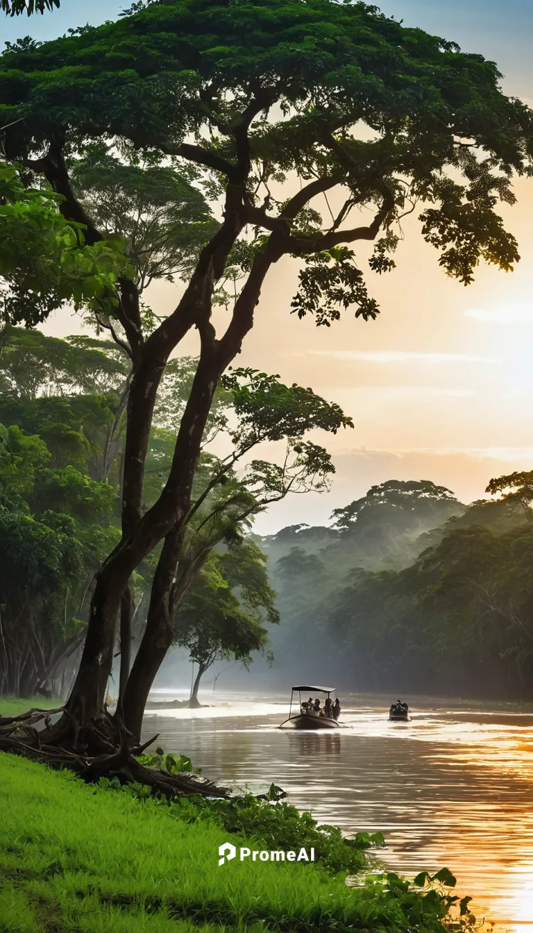 Ao longo das margens de um imenso rio, cujas águas fluem com a grandiosidade e serenidade do rio Amazonas, a natureza exibe toda sua majestade. As margens do rio se estendem por quilômetros, adornadas