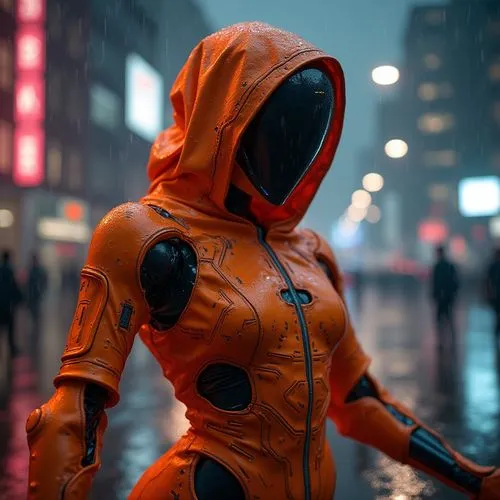 raincoat,orange,rainwear,asuka langley soryu,orange robes,in the rain,walking in the rain,fox in the rain,samus,akira,raincoats,bright orange,cinema 4d,orange color,cyberpunk,pedestrian,cybersmith,3d render,fresh orange,synthetic,Photography,General,Realistic