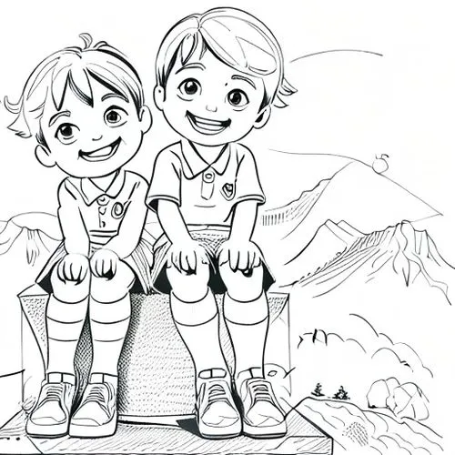 Illustration of a pair of happy children (boy and girl) in school uniform, sitting on a pedestal. Vector drawing style. Inking comic strokes.,line art children,girl and boy outdoor,kids illustration,c