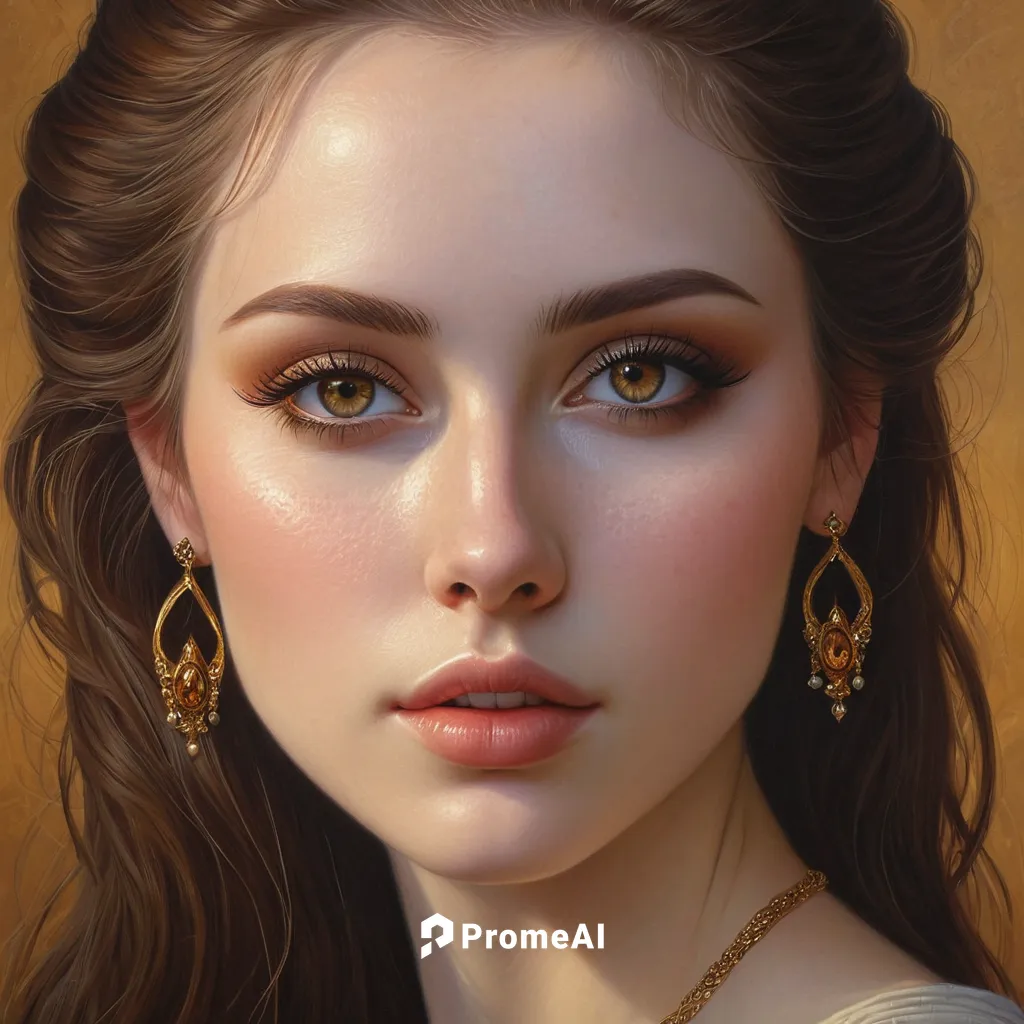 very long medium bown and piercing golden brownl eyes., oval face, pale skin, high cheek bones, buxom, hourglass, slender, acrylic paint,fantasy portrait,girl portrait,romantic portrait,golden eyes,po