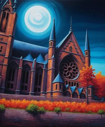 church painting,gothic church,halloween background,hildebrandt,haunted cathedral,black church,night scene,moonlit night,halloween scene,fredric church,the black church,halloweentown,autumn landscape,hallows,eglise,autumn background,all saints' day,ecclesiam,bovard,wooden church,Illustration,Realistic Fantasy,Realistic Fantasy 25