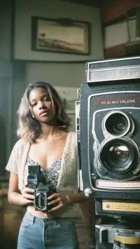 a young woman is holding up an old camera,6x9 film camera,vintage box camera,twin lens reflex,vintage camera,rolleiflex,daguerreotype