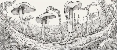 mushroom landscape,swampy landscape,mushroom island,forest mushroom,forest mushrooms,mushrooms,ghost forest,agaric,mushroom,fungal science,fungi,stalagmite,tree mushroom,cloud mushroom,elven forest,old-growth forest,mushroom type,erosion,cartoon forest,chasm,Illustration,Black and White,Black and White 05