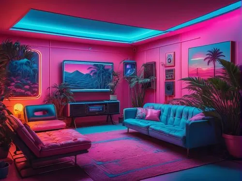 aesthetic,livingroom,tropical house,neon lights,ufo interior,living room,neon,cabana,apartment lounge,neon light,great room,electrohome,80's design,colored lights,retro styled,modern room,the living room of a photographer,neon candies,neon colors,neon coffee,Art,Artistic Painting,Artistic Painting 31